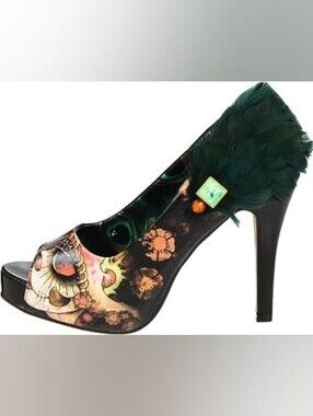 Iron Fist Vanity Fair Sugar Skull Feather Platform Heels Peep Toe Black Size 8